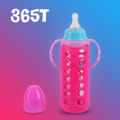 Bpa free glass infant bottle custom logo baby feeding nursing drinking anti slip glass feeding bottle with handle